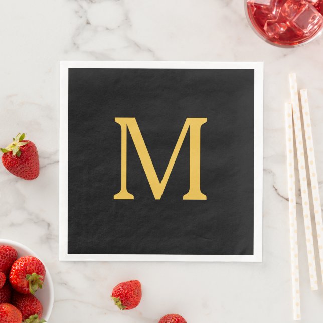 Monogram initial guld gyllene svart anpassat namn  pappersservett (Insitu)