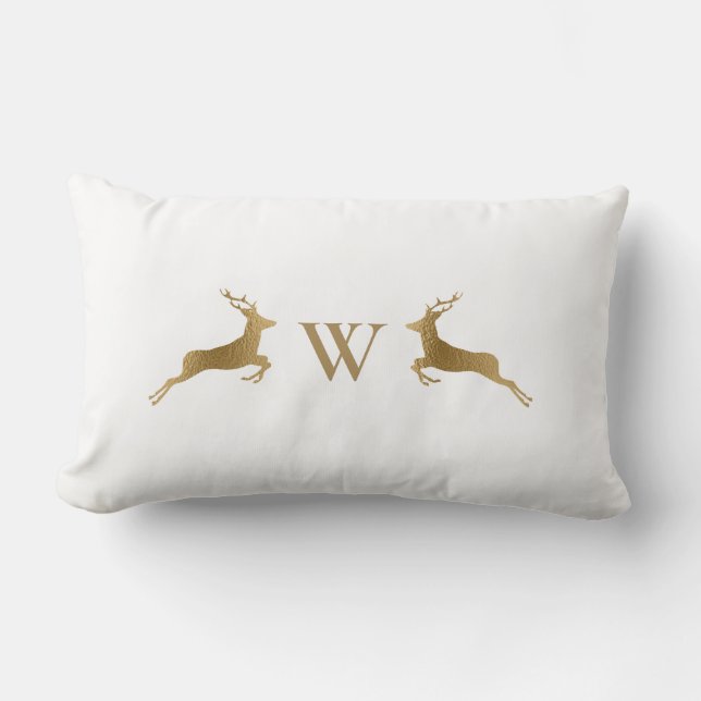 Monogram initial guld hjort vit vinter lumbarkudde (Framsida)