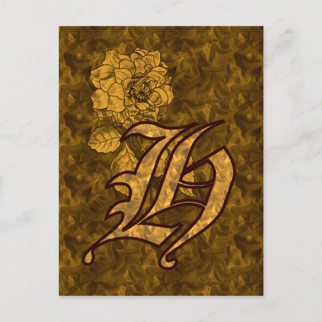Monogram initial H Elegant guldpeonyblomma Vykort (Framsida)