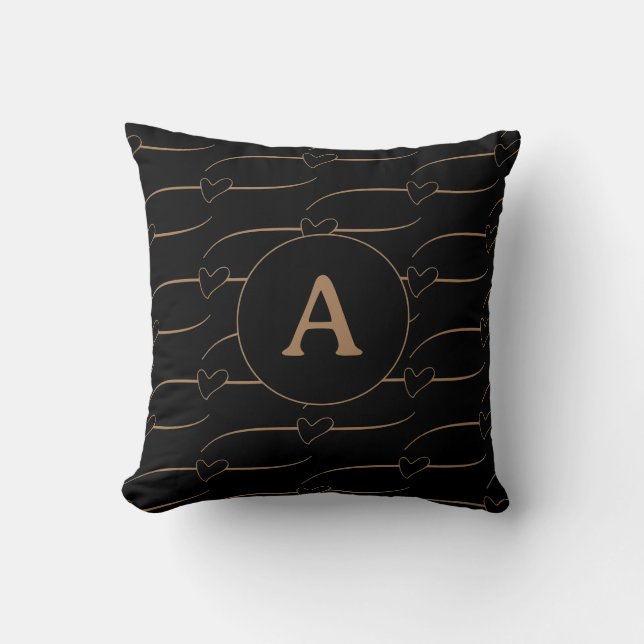 Monogram Initial Hearts Black Guld Kudde (Framsida)