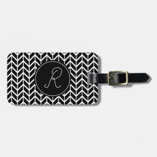 Monogram Initial Herringbone Mönster Black & White Bagagebricka