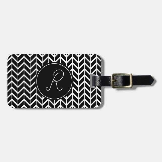 Monogram Initial Herringbone Mönster Black & White Bagagebricka (Horisontell Framsida)
