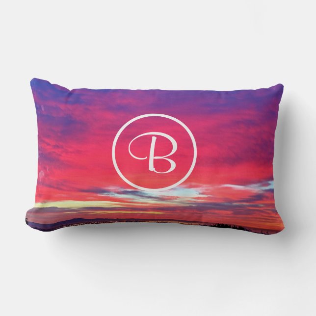 Monogram Initial Het Rosa Blå Solnedgång Foto Fets Lumbarkudde (Framsida)