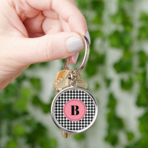 Monogram initial Houndstooth 1,44-in Round Silver Rund Silverfärgad Nyckelring