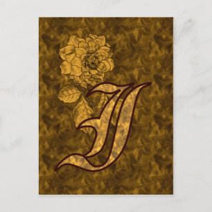 Monogram initial I Elegant guld peony blomma Vykort