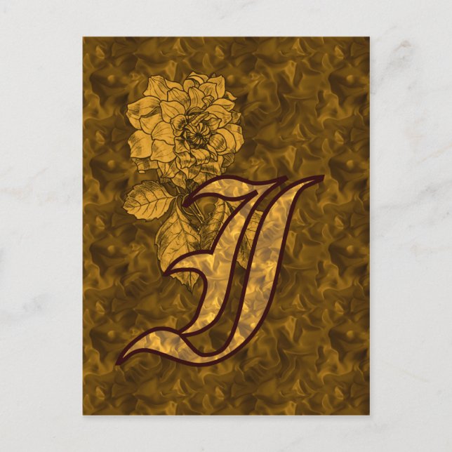Monogram initial I Elegant guld peony blomma Vykort (Framsida)