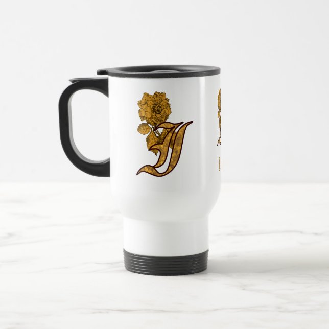 Monogram initial I Elegant guld peony Personlig Resemugg (Vänster)