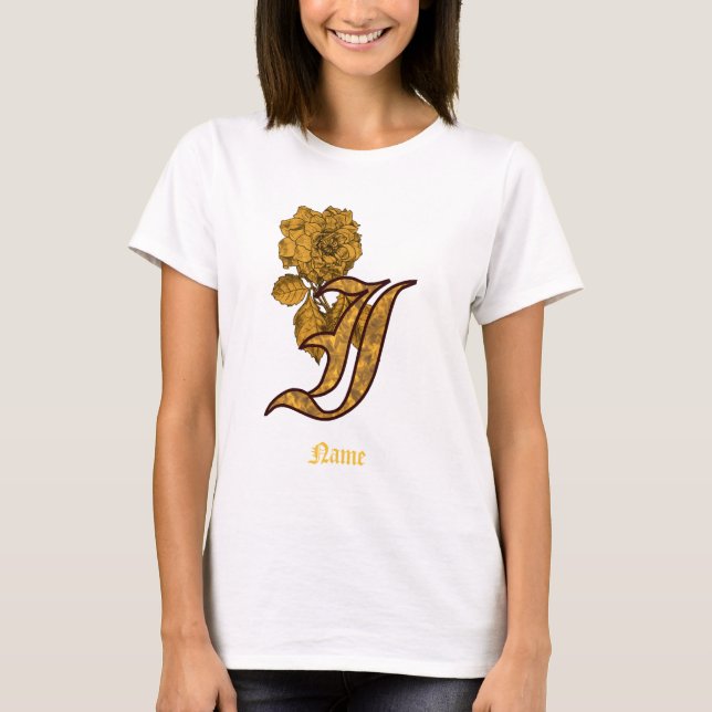 Monogram initial I Guld Peony Blomma Personlig T Shirt (Framsida)