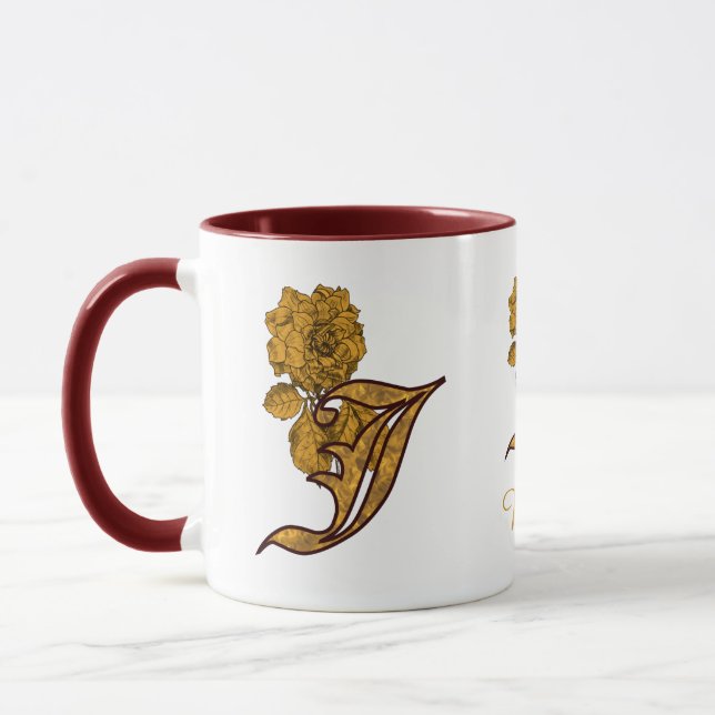 Monogram initial J Elegant guld peony Personlig Mugg (Vänster)