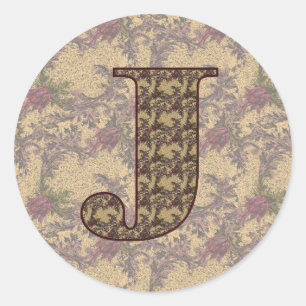 Monogram initial J Elegant Vintage Blommig Runt Klistermärke