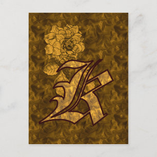 Monogram Initial K Elegant Guld Peony Blomma Vykort