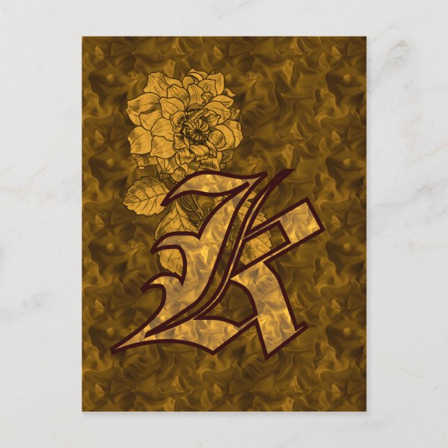 Monogram Initial K Elegant Guld Peony Blomma Vykort (Framsida)