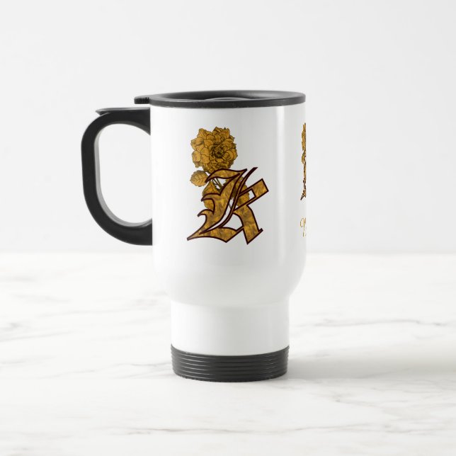 Monogram initial K Elegant guld peony Personlig Resemugg (Vänster)