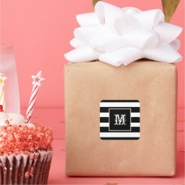 Monogram Initial Klassigt Chic Cool B & W Randig Fyrkantigt Klistermärke