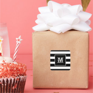 Monogram Initial Klassisk Chic Cool B & W Randig Fyrkantigt Klistermärke