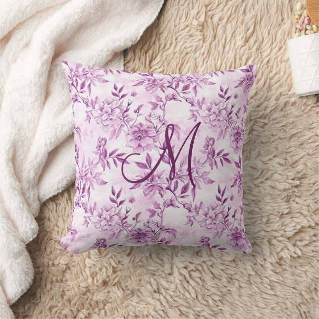 Monogram initial lila toile chinoiserie blommor kudde (Filt)