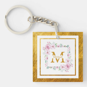 Monogram initial "M" Blommig - Rosa rosor & guld