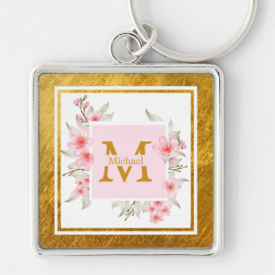 Monogram initial "M" Blommig - Rosa rosor & Guld Fyrkantig Silverfärgad Nyckelring