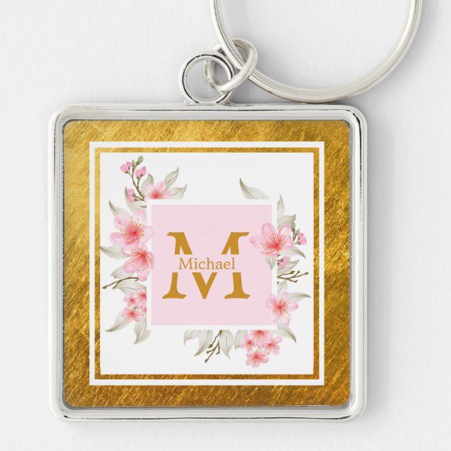 Monogram initial "M" Blommig - Rosa rosor & Guld Fyrkantig Silverfärgad Nyckelring (Framsidan)