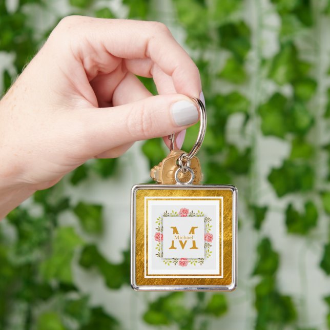 Monogram initial "M" Blommig - Rosa rosor & Guld Fyrkantig Silverfärgad Nyckelring (Hand)