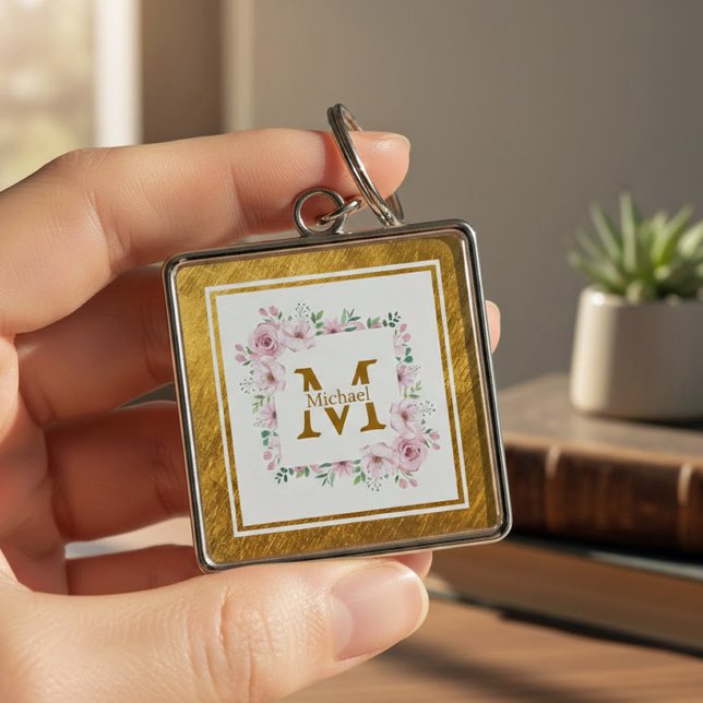 Monogram initial "M" Blommig - Rosa rosor & Guld Fyrkantig Silverfärgad Nyckelring (Skapare uppladdad)