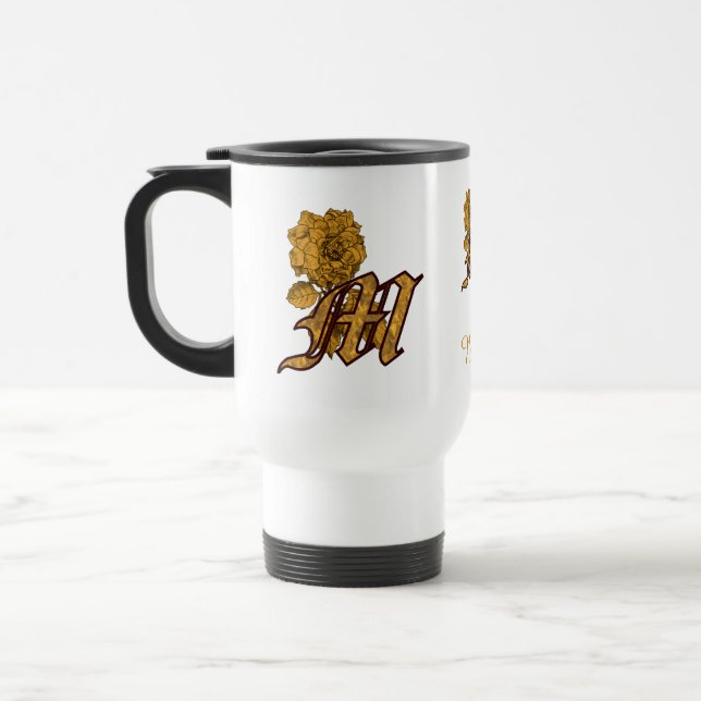 Monogram initial M Elegant guld peony Personlig Resemugg (Vänster)