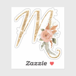Monogram Initial M Guld Glitter Peony Ro Blommigt Klistermärken