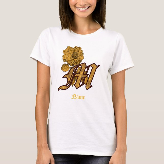 Monogram initial M guld pion blomma personlig T Shirt (Framsida)