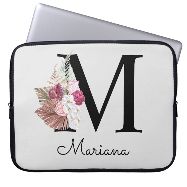 Monogram Initial M Rosa Boho Blommig Laptop Fodral (Framsidan)