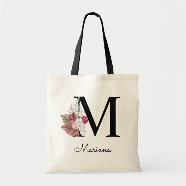 Monogram Initial M Rosa Boho Blommig Tygkasse (Framsidan)
