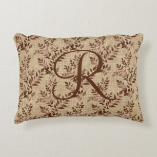 Monogram initial manuskrivna bruna roséguld blad prydnadskudde