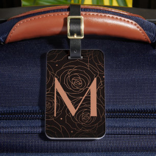 Monogram Initial Mörk Blommig Gylden Laxrosa Bagagebricka