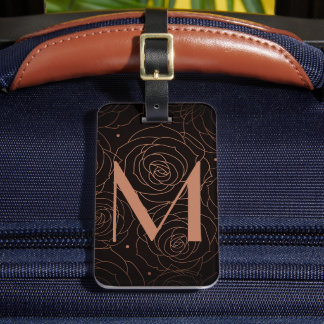 Monogram Initial Mörk Blommig Gylden Laxrosa Bagagebricka