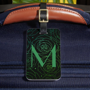 Monogram Initial Mörk Blommig Ros Grön Blå Bagagebricka