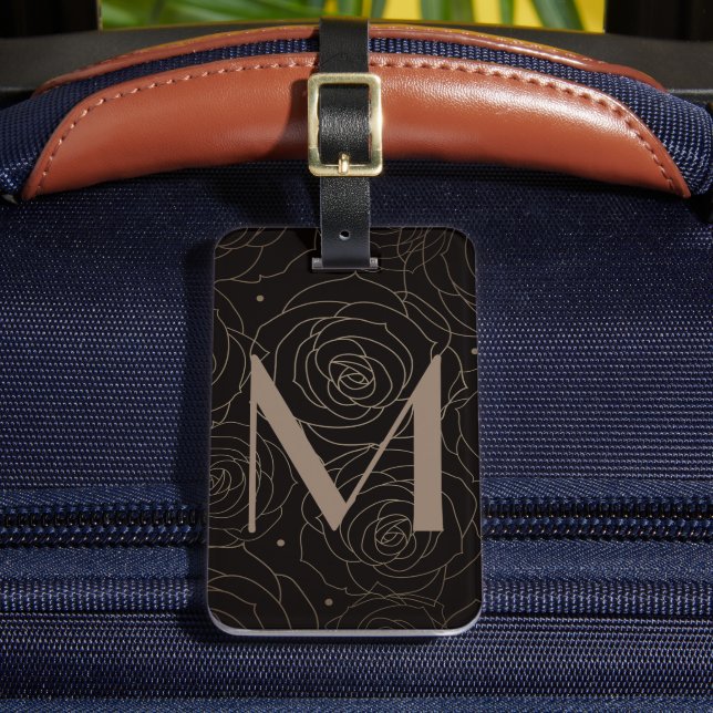 Monogram Initial Mörk Blommig Ros Neutral Gradient Bagagebricka (Framsida Insitu 2)