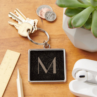 Monogram initial mörkt blomsterros Tidlös neutral Fyrkantig Silverfärgad Nyckelring