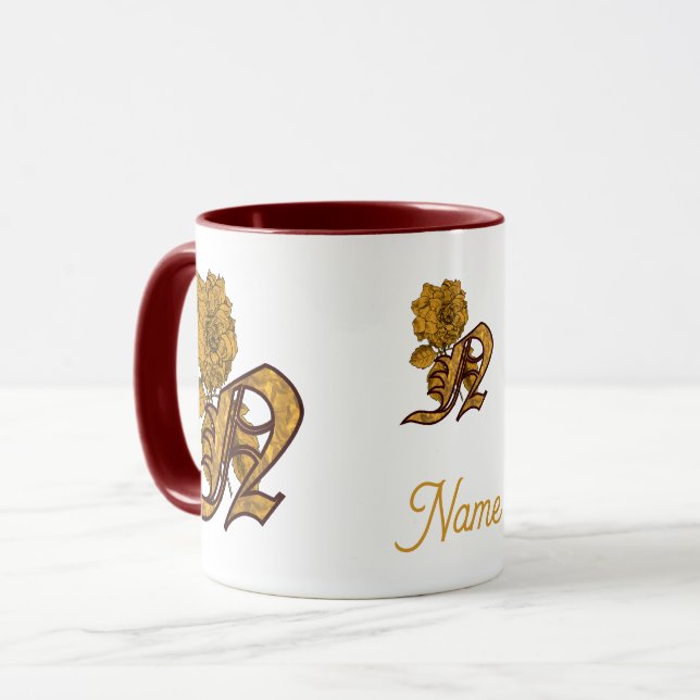 Monogram initial N Guld Peony Personlig Mugg (Framsida vänster)