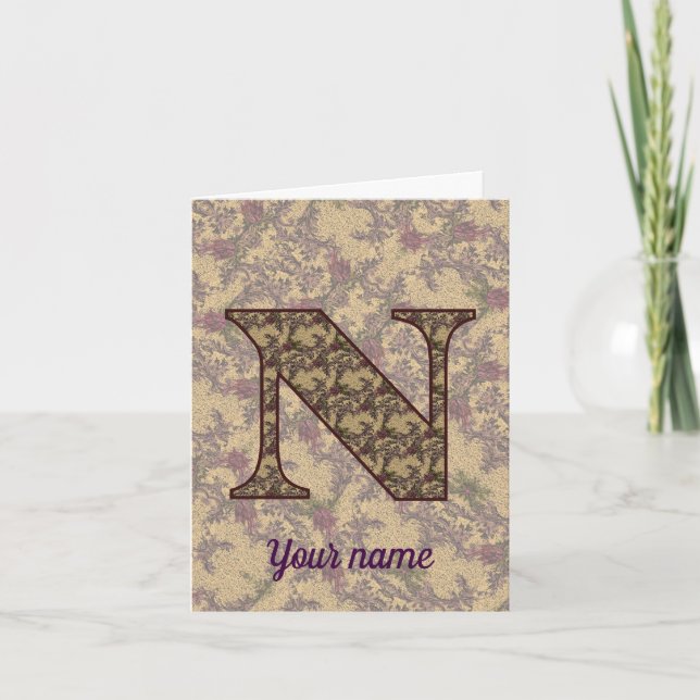 Monogram initial N Vintage Blommig Personlig  Anteckningskort (Framsida)