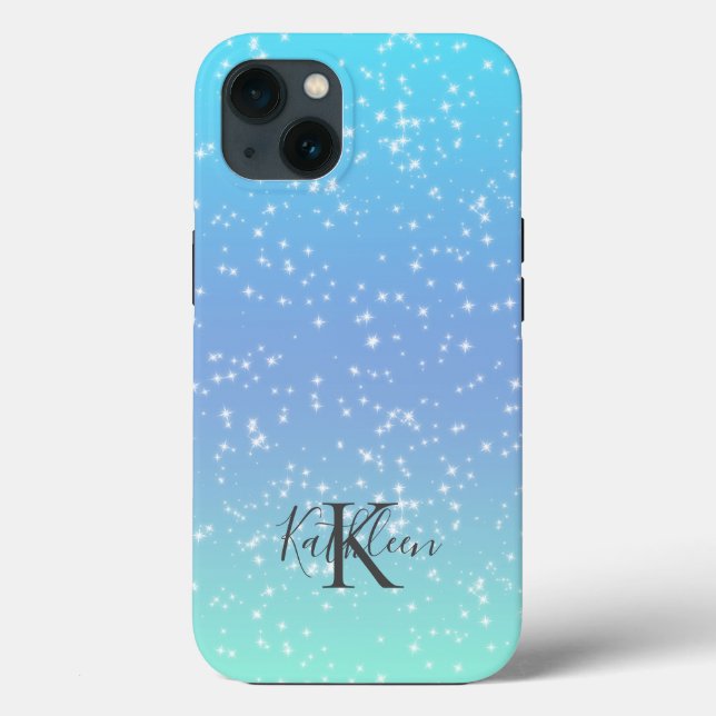 Monogram Initial Namn Blå Grön Glitter Ombre (Baksida)