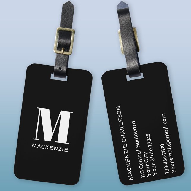 Monogram Initial Namn enkel Bagagebricka (Simple monogram name personalized black and white luggage tag)