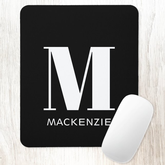 Monogram Initial Namn enkel Musmatta (Personalized monogram initial name white on black mousemat)