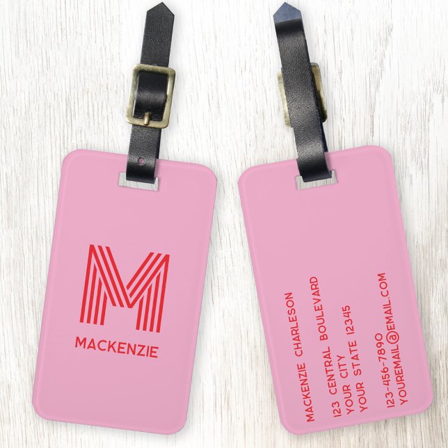 Monogram Initial Namn Enkel Rosa och Röd Bagagebricka (Modern striped monogram initial custom name personalized luggage tag)