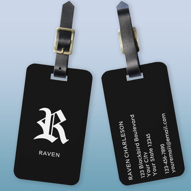 Monogram Initial Namn gotiic Black Bagagebricka (Gothic monogram initial name personalized black luggage tag)