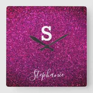 Monogram Initial Namn Lila Rosa Glitter Trendig Fyrkantig Klocka