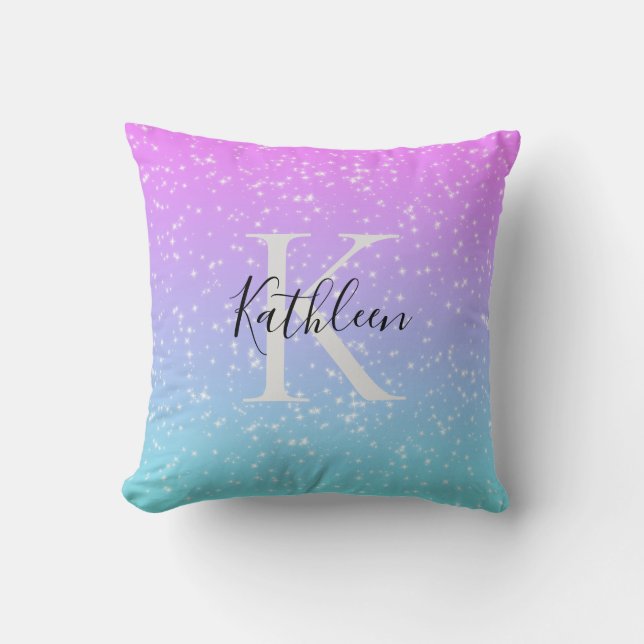 Monogram Initial Namn Rosa Blå Glitter Girlig Kudde (Framsida)