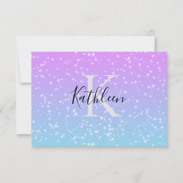 Monogram Initial Namn Rosa Blå Glitter Girly  Tack Kort (Framsida)