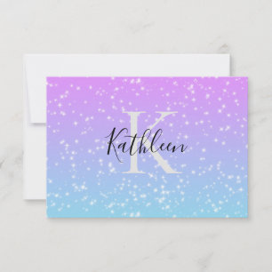Monogram Initial Namn Rosa Blå Glitter Girly Tack Kort