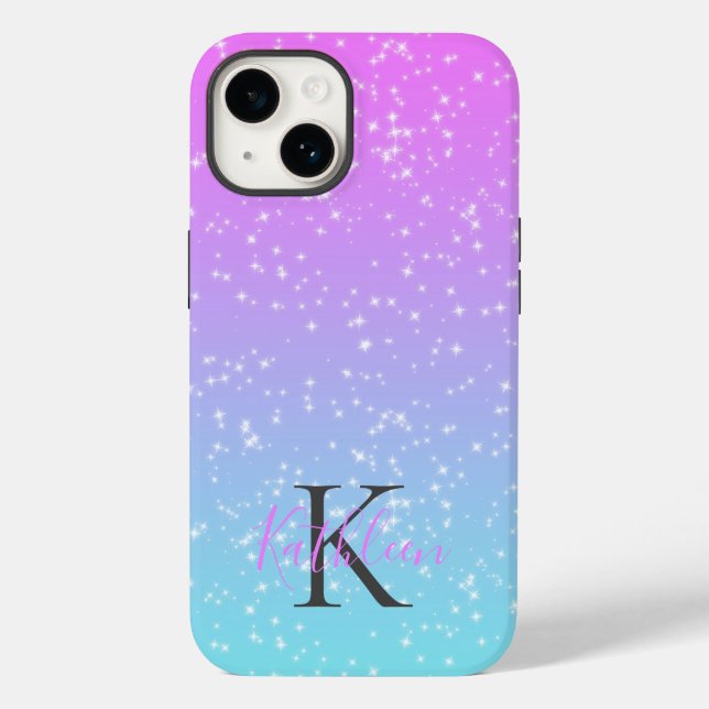 Monogram Initial Namn Rosa Blå Glitter Ombre  (Baksida)