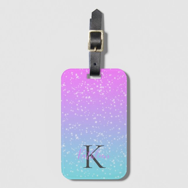 Monogram Initial Namn Rosa Blå Glitter Ombre  Bagagebricka (Framsida vertikal)