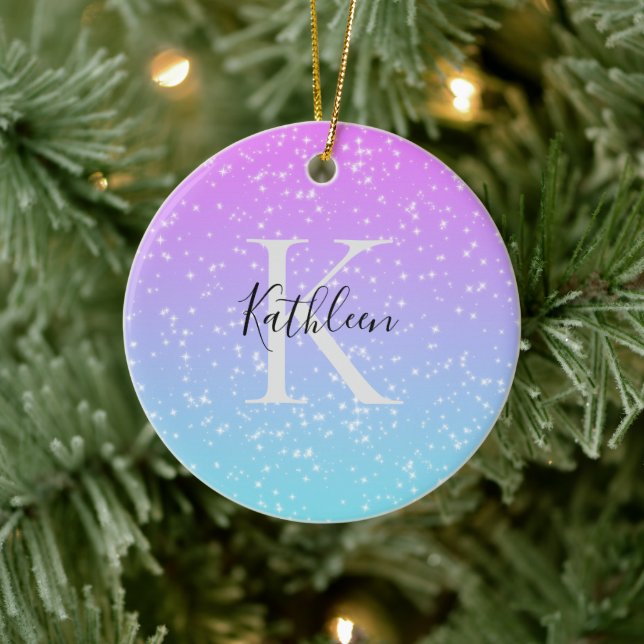 Monogram Initial Namn Rosa Blå Glitter Ombre Julgransprydnad Keramik (Träd)